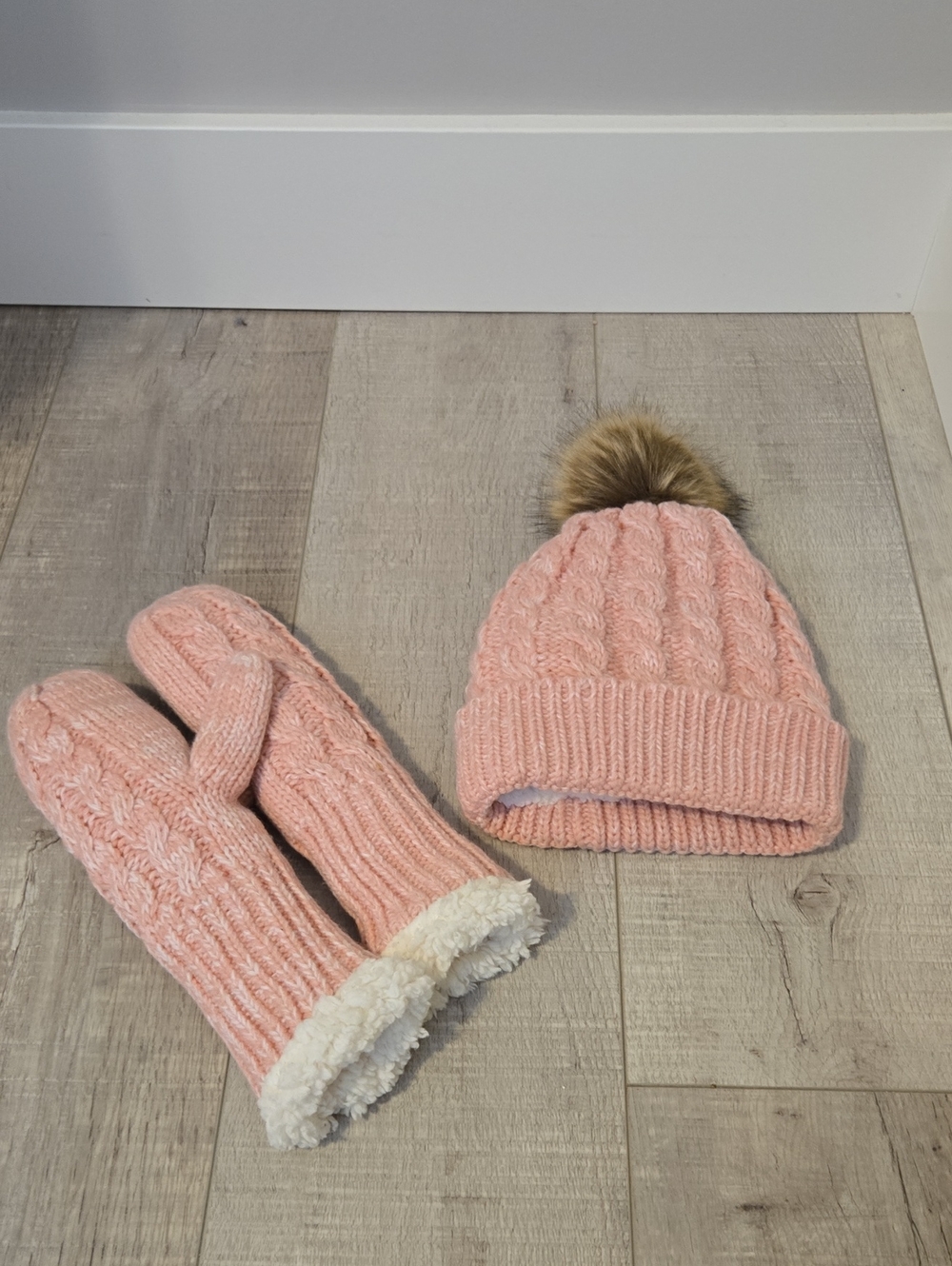Just Cozy Pink Cable Knit Pom Hat and Fleece-Lined Mittens Set